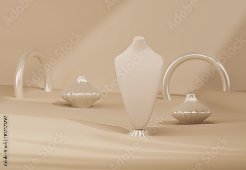Bust showcase jewelry display for Necklace. Wooden, stone stand holder. Pastel color mannequin jewelry stand has pearls around it. Trendy 3d render for social media banners, promotions	