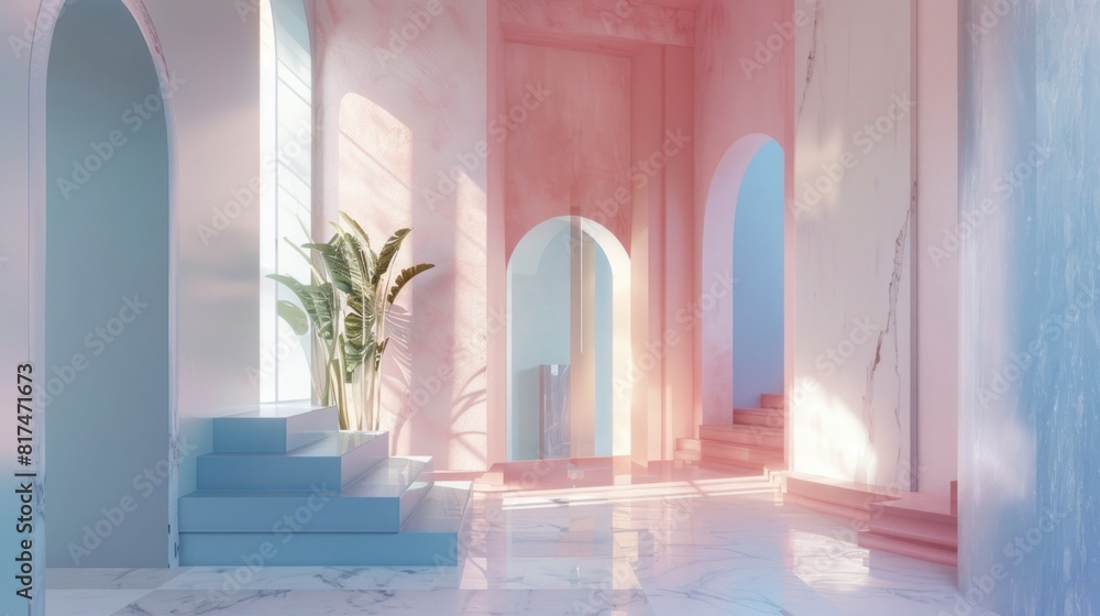 Clean Soft Pink Blush Blue Sanctuary: Design a clean and pristine, portrait-oriented sanctuary in a soft pink mix blush blue, offering viewers a peaceful respite from the demands of life