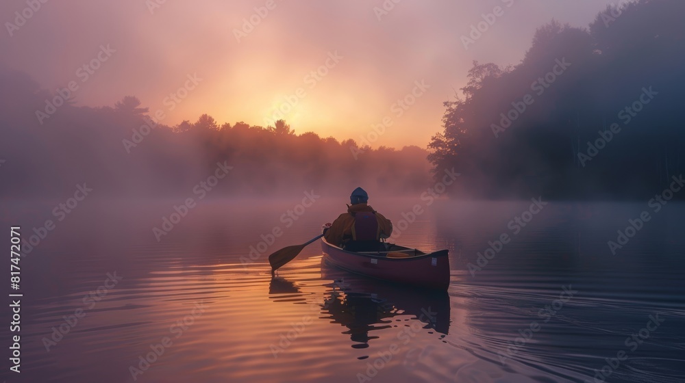 A man in a red canoe paddles through a lake at sunset