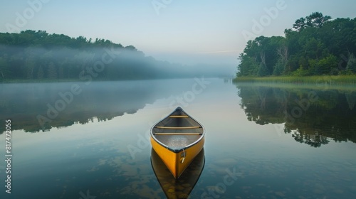 A yellow canoe sits in a lake on a foggy day