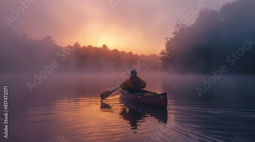 A man in a red canoe paddles through a lake at sunset