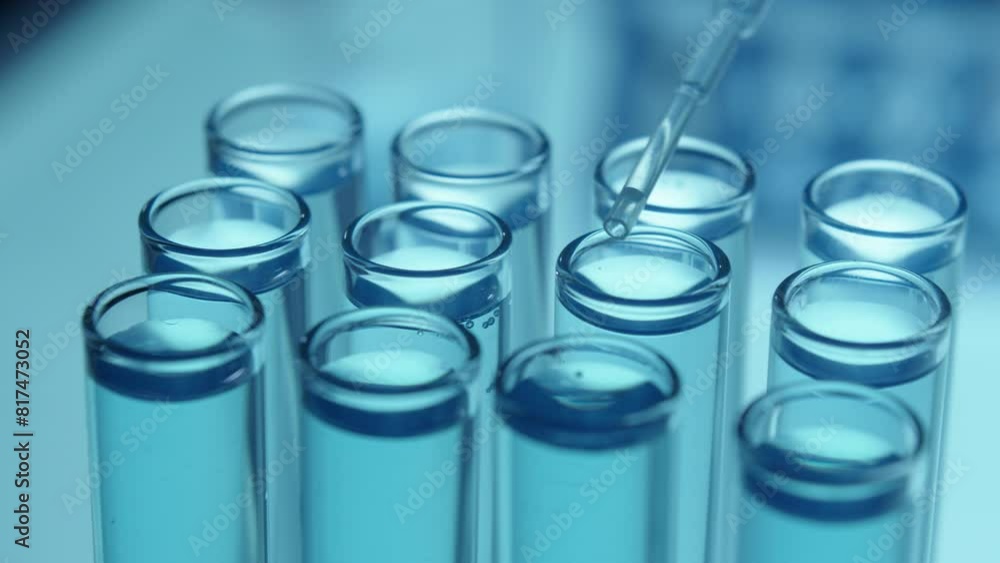 Extreme close-up view of dripping liquid chemical into glass test tubes during medical research in laboratory Extreme close-up view of dripping liquid chemical into glass test tubes during medical research in laboratory