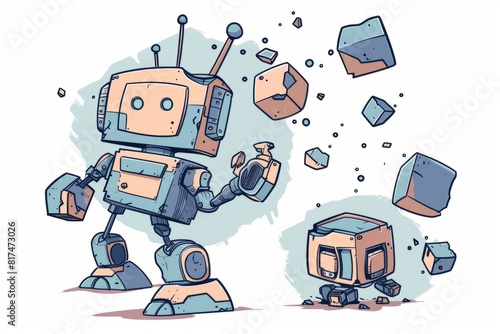 Wallpaper Mural Cartoon cute doodles of a playful robot with its body assembled from disjointed cubes and rectangles, Generative AI Torontodigital.ca