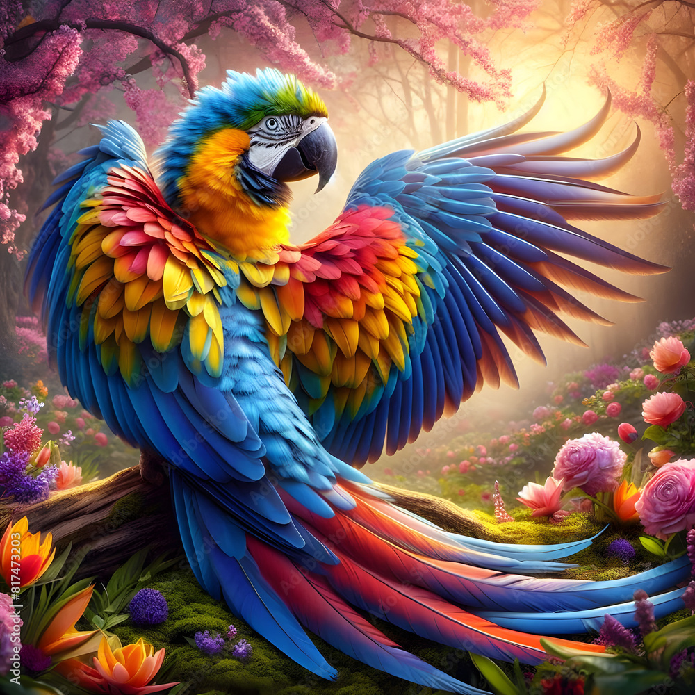 Obraz premium A majestic parrot displaying its colorful feathers in a lush and springtime botanical garden