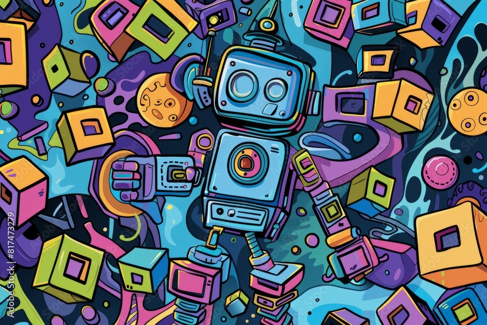 Cartoon cute doodles of a playful robot with its body assembled from disjointed cubes and rectangles, Generative AI Cartoon cute doodles of a playful robot with its body assembled from disjointed cubes and rectangles, Generative AI
