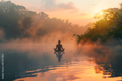 Deep meditation for wellness by serene lakeside during inspiring sunrise