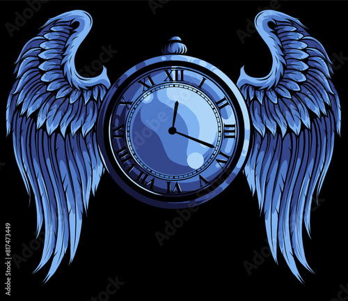 vector illustration of golden clock with wings on black background photo