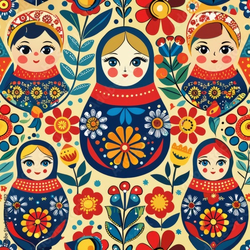 Seamless pattern of traditional Russian folk art motifs like nesting dolls and floral patterns, capturing the charm of Russian handicrafts, Generative AI