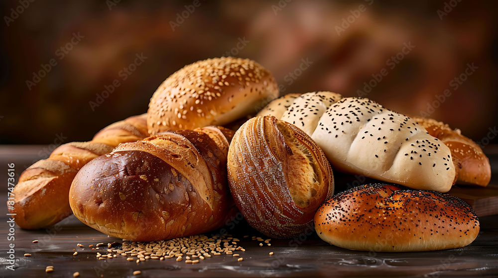 A variety of breads buns on wooden table A variety of breads buns on wooden table