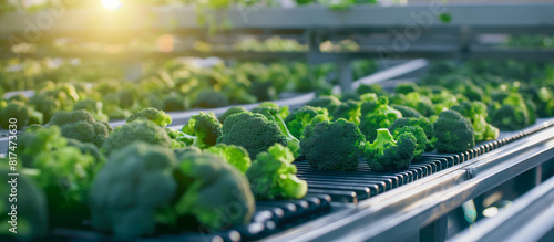 fresh Broccoli on modern conveyor in industry vegetables plant photo