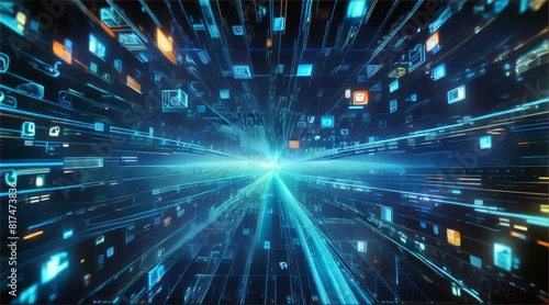 Wallpaper Mural A dynamic digital data stream with various icons and symbols representing internet communication and technology concepts.
 Torontodigital.ca