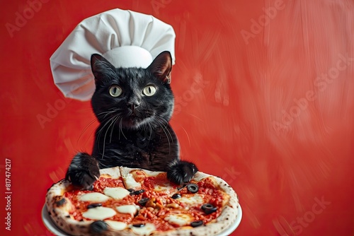 Cat Chef Presenting Delicious Pizza with Red Background © kvladimirv