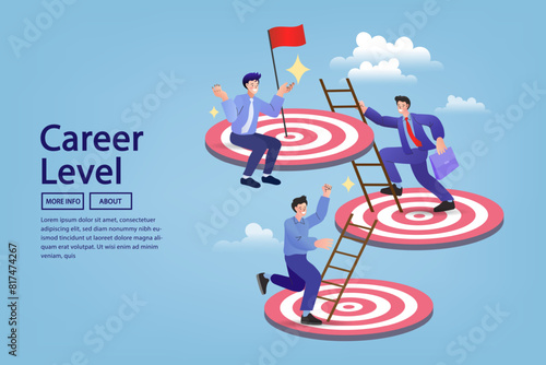 Businessman with higher goals. Success man climb up ladder reaching goal and looking for next step. the way forward or next level, higher business goal or aspiration.