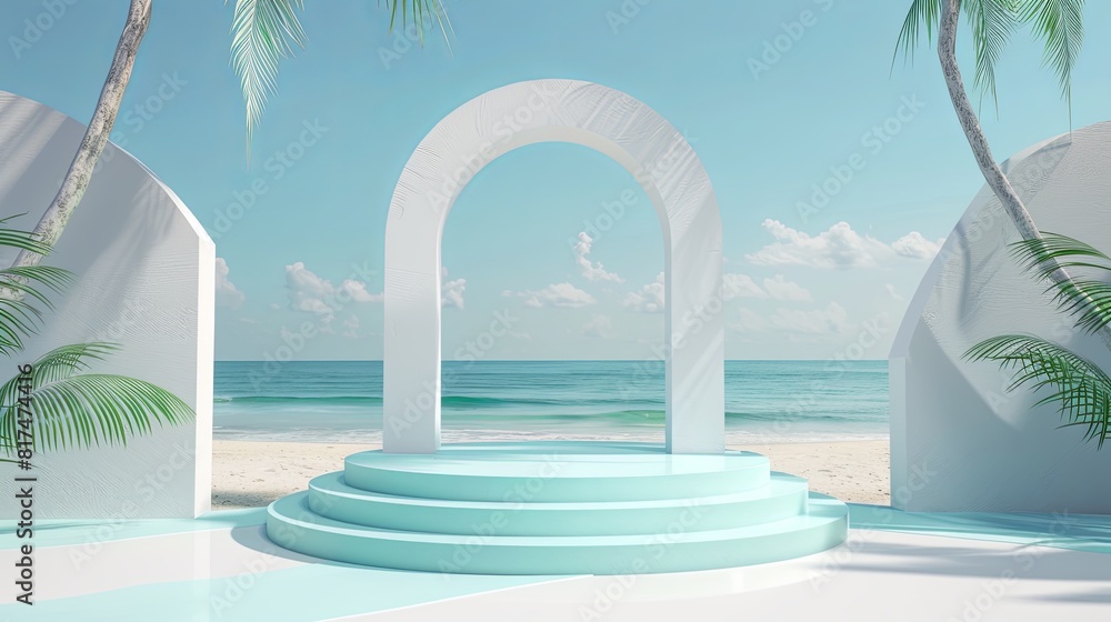 3d podium stage in the beach background 