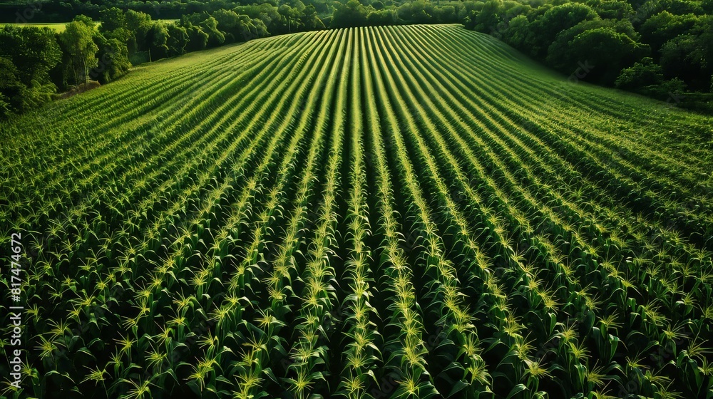 Aerial view of a corn field with perfectly aligned rows creating a mesmerizing pattern Generative AI Aerial view of a corn field with perfectly aligned rows creating a mesmerizing pattern Generative AI