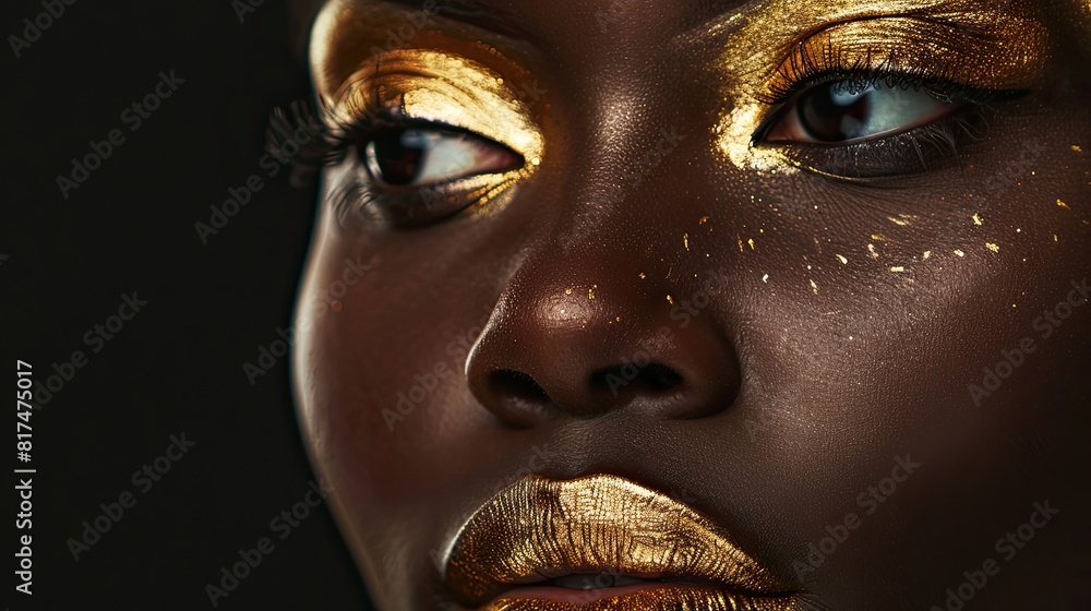 Stunning Close-Up of a Woman with Gold Makeup on Dark Skin Creating a Bold and Glamorous Look Stunning Close-Up of a Woman with Gold Makeup on Dark Skin Creating a Bold and Glamorous Look