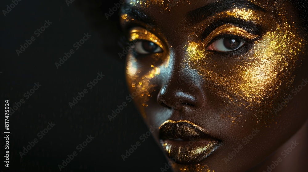 Close-up Portrait of Woman with Gold Glitter Face Makeup and Dark Background