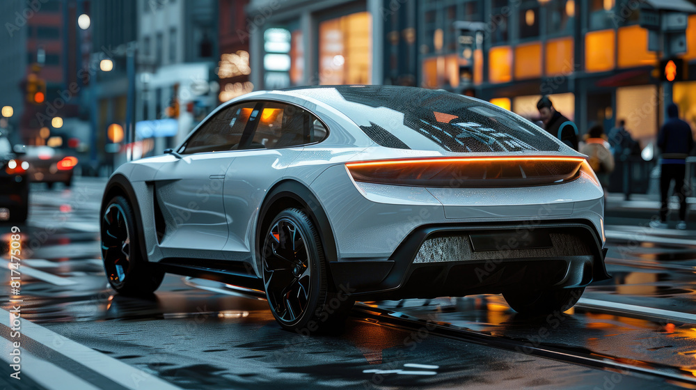 Futuristic White Electric Car on Wet City Street in Evening Light Futuristic White Electric Car on Wet City Street in Evening Light