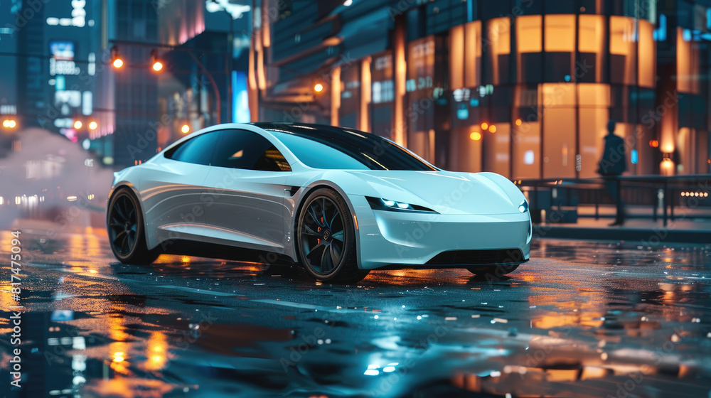 Sleek Electric Car in Futuristic City at Night with Reflections on Wet Road Sleek Electric Car in Futuristic City at Night with Reflections on Wet Road
