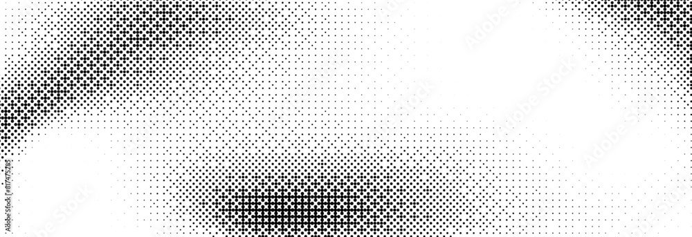 Pixelated bitmap gradient texture. Black and white dither pattern wallpaper. Abstract glitchy pattern. 8 bit video game background. Wide raster backdrop. Retro pixel art Illustration. Vector