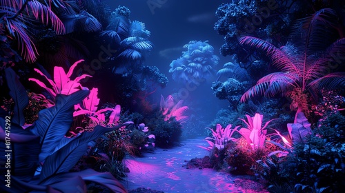 Futuristic 3D jungle with glowing flora and fauna, front view, Neon nature, cybernetic tone, Monochromatic Color Scheme © Dadee