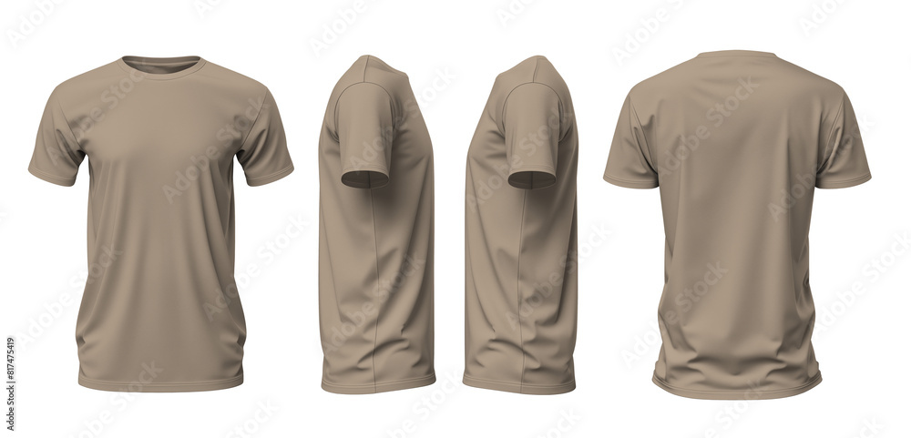 Set of beige t-shirts with round necks, showcasing front, back, and side views on a transparent background cutout, provided as a PNG file. This mockup template is ideal for artwork and graphic design
