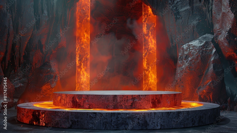 Obraz premium 3d podium stage in the fire land background 