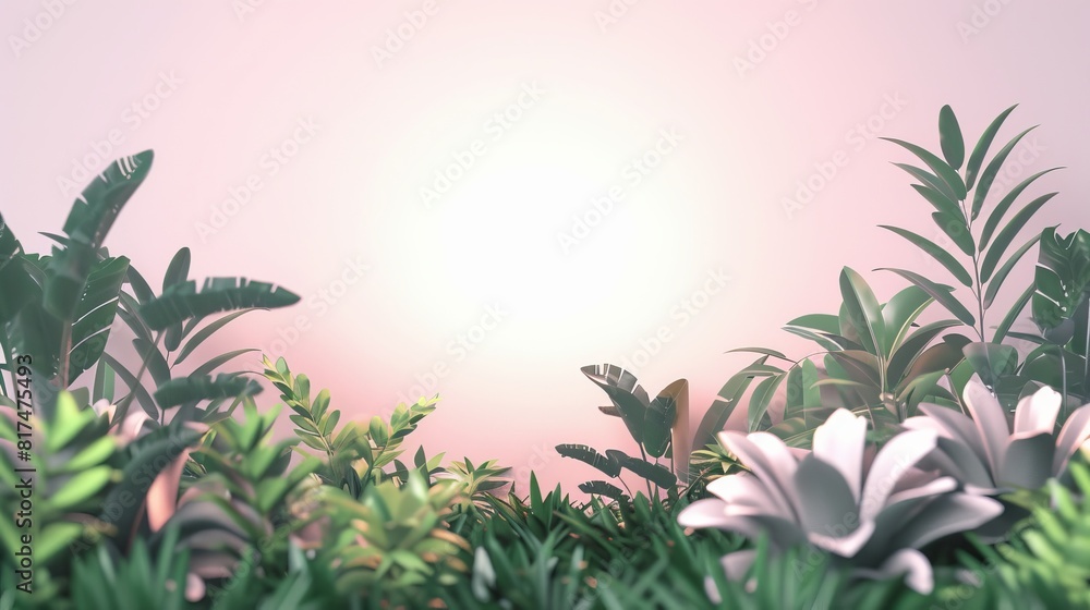 Lush green foliage and plants against a soft pink sunrise sky in digital art background Lush green foliage and plants against a soft pink sunrise sky in digital art background