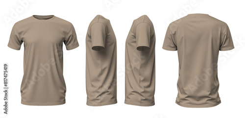 Obraz na płótnie Set of beige t-shirts with round necks, showcasing front, back, and side views on a transparent background cutout, provided as a PNG file. This mockup template is ideal for artwork and graphic design w salonie