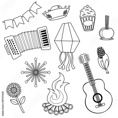 Traditional June festival "Festa junina" in  Brazil. Vector graphics black and white flat design.