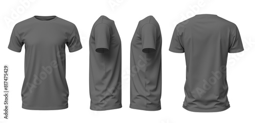 Set of gray t-shirts with round necks, showcasing front, back, and side views on a transparent background cutout, provided as a PNG file. This mockup template is ideal for artwork and graphic design 