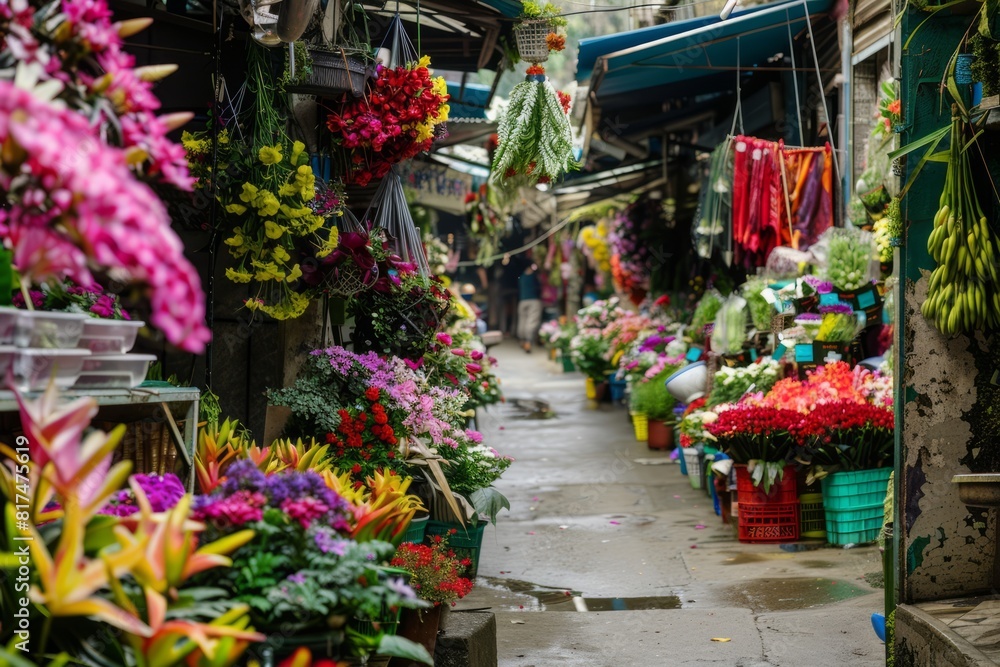 A vibrant flower market, with stalls overflowing with colorful blooms and fragrant scents, Generative AI A vibrant flower market, with stalls overflowing with colorful blooms and fragrant scents, Generative AI