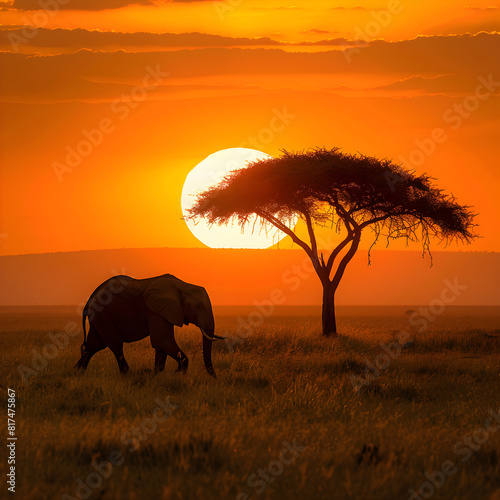 Sunset Sojourn: An Elephant's Journey Through the African Savannah