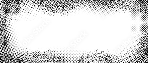 Splayed grunge texture frame. Halftone dotted edge border for poster, cover, banner, booklet, magazine, leaflet. Vintage grain scratched background. Textured pop art comic cartoon wallpaper. Vector