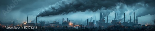 Environmental pollution. Industrial smokestacks emitting black fumes.