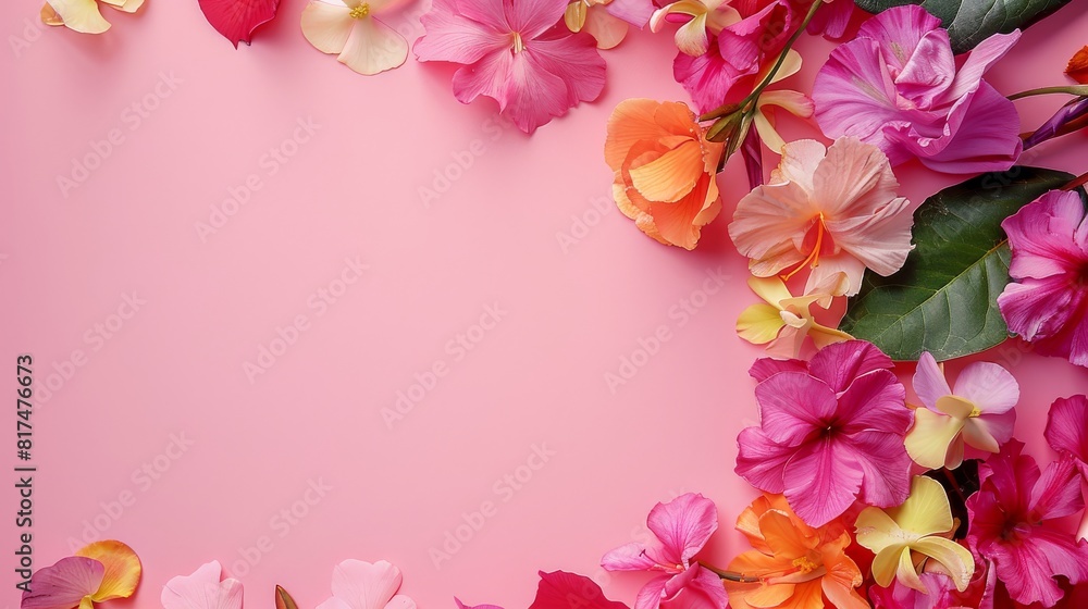 Fototapeta premium A close-up of vibrant flower petals and leaves arranged in a corner, with the rest of the pink background left as blank space for text or graphics