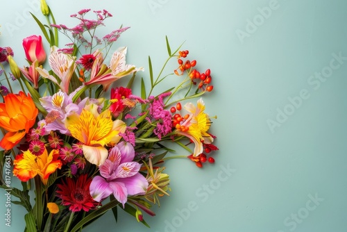 A bouquet of vibrant flowers arranged beautifully on a pastel background with ample copy space for a Happy Mother s Day message