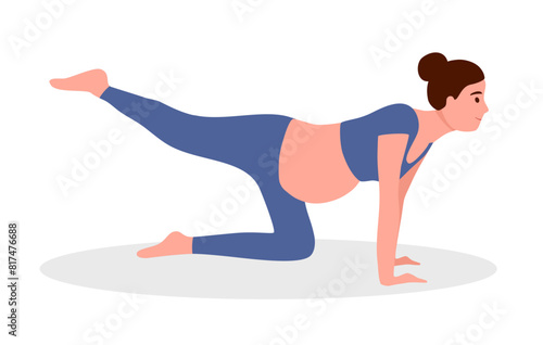 Pregnant woman exercising in flat design. Pregnant female yoga and fitness for healthy and relaxation.