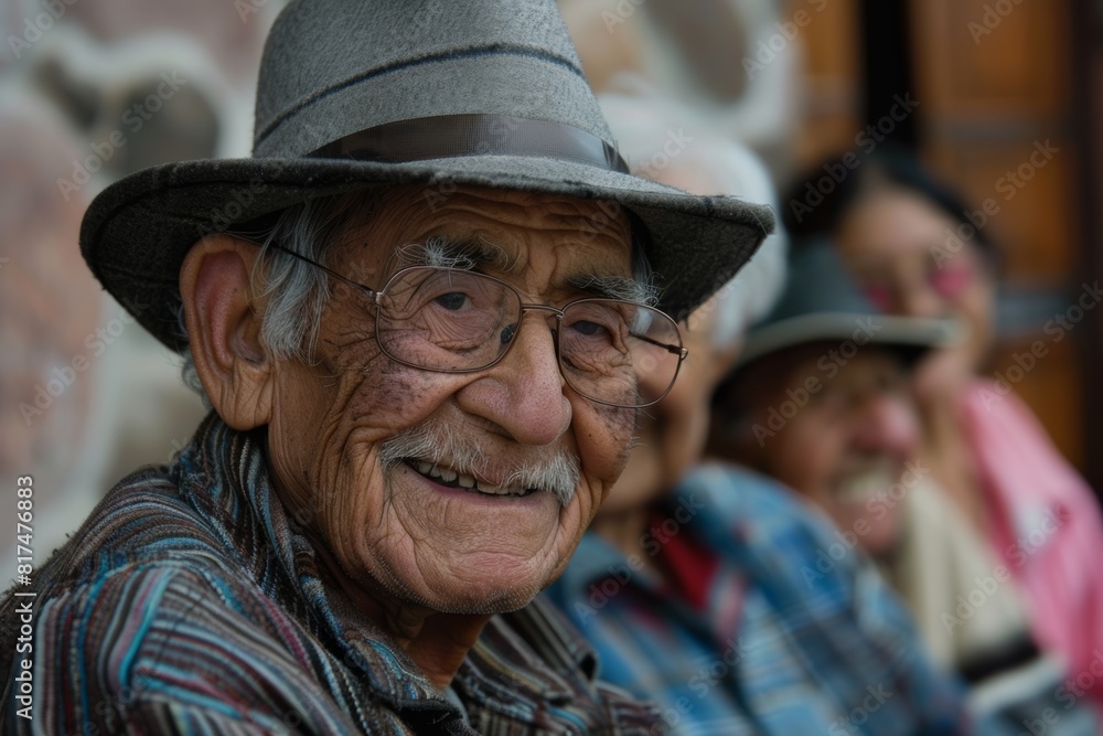 Old man with hat and eyeglasses on the background of the old house Old man with hat and eyeglasses on the background of the old house