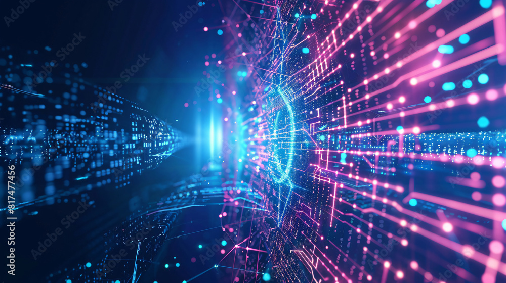 Naklejka premium Futuristic Digital Network with Blue and Pink Lights Background for Technology and Innovation with copy space text, perfect for showcasing technology, innovation and the future.