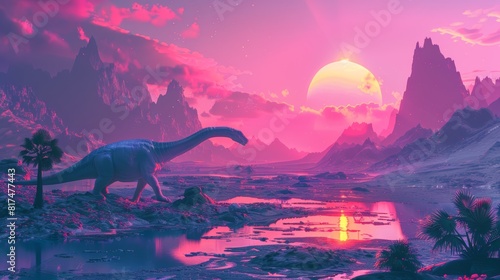 The image shows a dinosaur walking through a beautiful landscape with a pink sky  blue lake and green trees