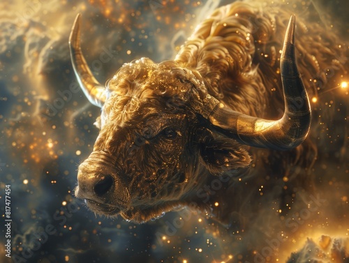 The image shows a golden bull standing in a field of stars