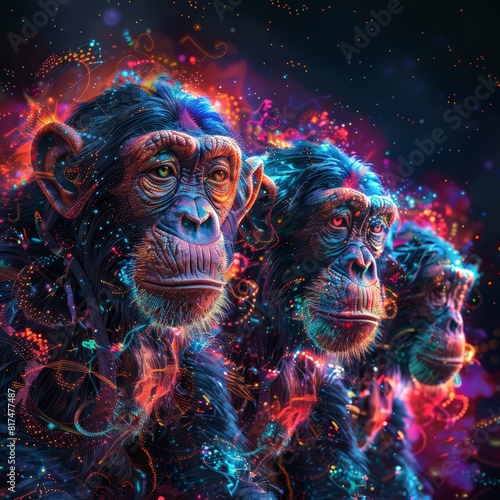 The image shows three monkeys in a colorful background. The monkeys are looking in different directions. The image is very colorful and has a lot of detail.