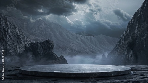 3d podium stage in the storm land background 