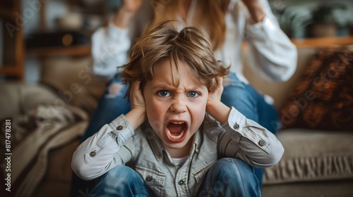 Criança desobediente, com raiva ignorando os pais photo