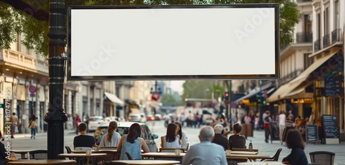 A blank billboard above a popular cafe in a bustling city, the spot frequented by trendy locals and offering prime advertising space. 32k, full ultra HD, high resolution photo