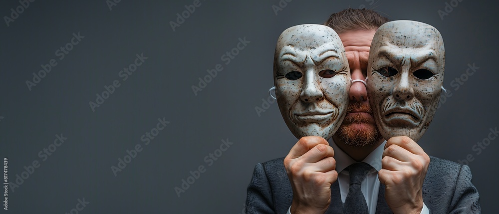 Um homem segurando mascaras com expressões de emoções, triste e alegre Um homem segurando mascaras com expressões de emoções, triste e alegre