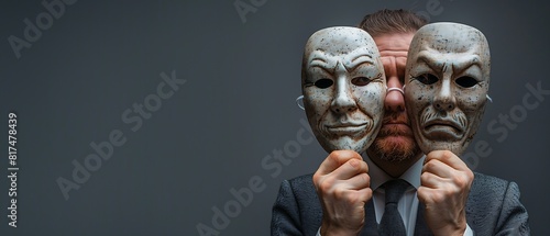 Um homem segurando mascaras com expressões de emoções, triste e alegre photo