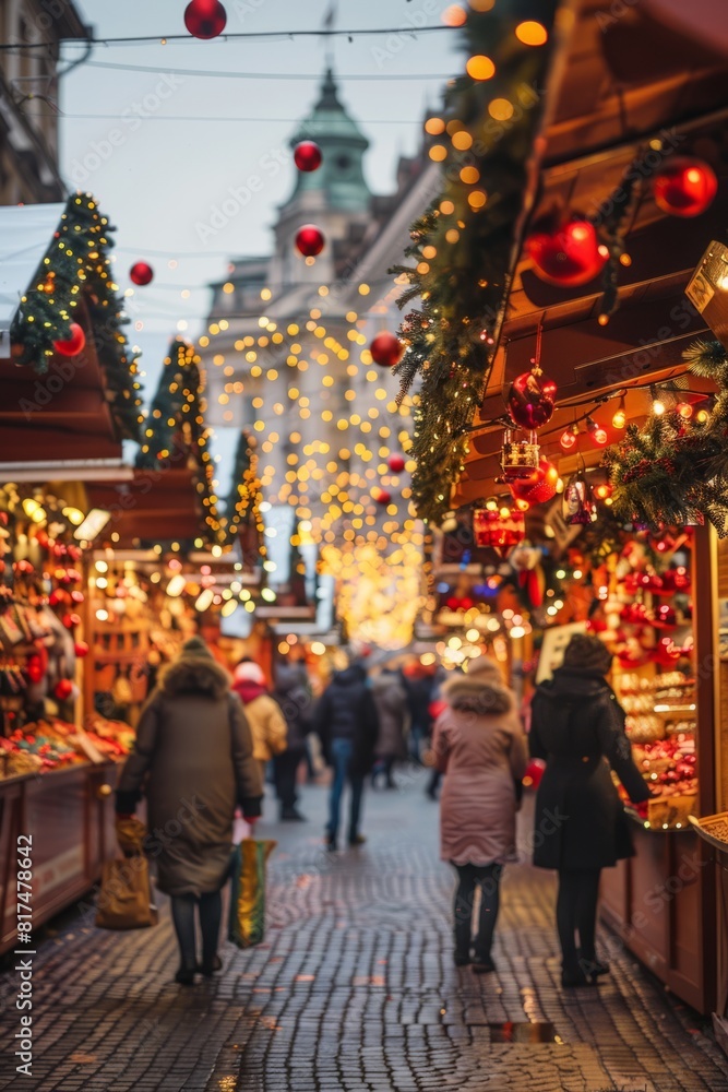 A festive holiday market, decorated with lights and ornaments, with people enjoying the holiday spirit, Generative AI A festive holiday market, decorated with lights and ornaments, with people enjoying the holiday spirit, Generative AI