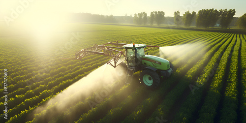 Agricultural Sunset Tractor Applying Pesticides to Soybeans from Above wheat farming evening fieldwork agricultural spray crop care 